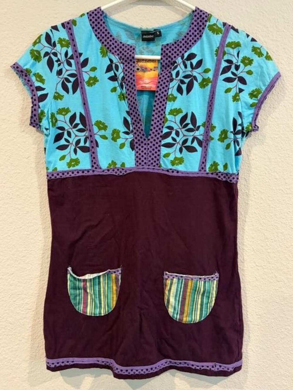 New Jedzebel Womens Handmade Cotton Color Block Y2K Short Sleeve T Shirt Small